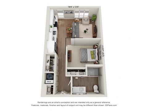 a stylized floor plan of our 1 bedroom apartment at the crossings at white rock